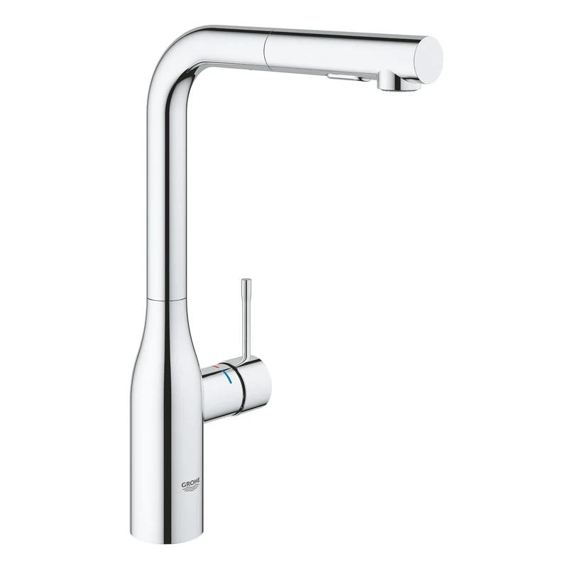GROHE Essence Pull-Out Kitchen Tap (High L-Spout, Dual Spray Laminar and Jet, 360° Swivel Range, 28 mm Ceramic Cartridge, Protected Against Backflow, Tails 3/8 Inch), Chrome, 30270000