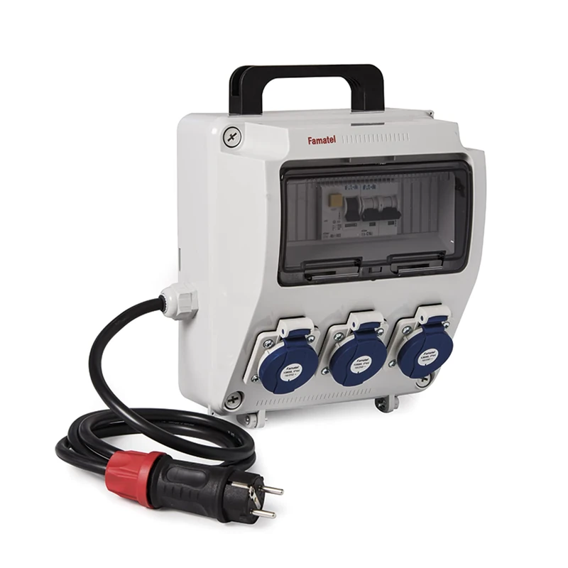 Famatel 3957.11 Industrial Cabinet Pre-Wired I IP44 I with Handle I 3 Sockets I 2P + TTL I 16A I 250V I Heat Protection Differential Switch I Cable 1.5 m I 3 x 2.5, Grey