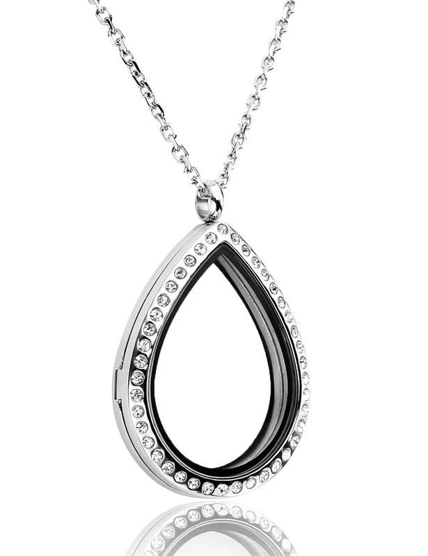 Jovivi Teardrop/Heart Floating Charm Memory Locket Necklace - 316 Surgical Stainless Steel Magnetic Closure, Glass - Image 1