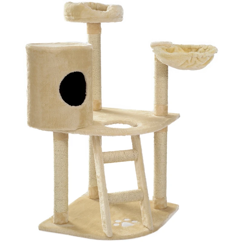 Mool Deluxe Cat Scratching Tree/Post Activity Centre with Hidey-Hole/2 Viewing Platforms and 2 Comfy Bed, 130 cm, Cream