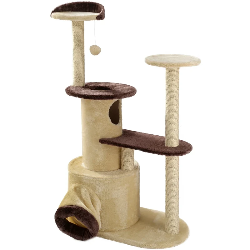 Mool Deluxe Cat Scratching Tree/Post Activity Centre with 2 Hidey-Holes and 4 Viewing Platforms, 122 cm, Cream / Brown