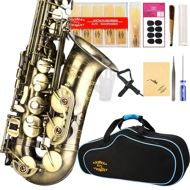 GLORY High Grade Antique Finish Series PR2, E Flat Alto Saxophone with 11reeds,8 Pads Cushions,case,carekit