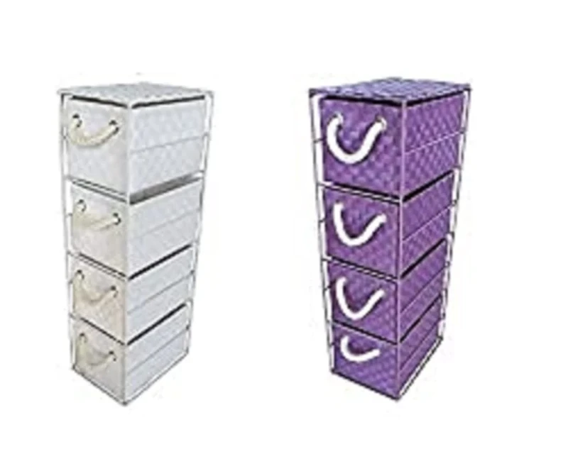 Arpan Drawer Storage Cabinet Unit Multi Purpose, White & Purple with Rope Handles for Bedroom, Bathroom, Home, Office - 4 Drawers Unit with Metal Frame to Store Stationary, Cosmetics (Set of 2)