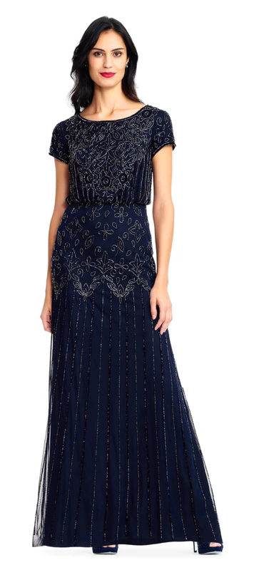 Adrianna Papell Women's Short Sleeve Beaded Gown, Navy, 6