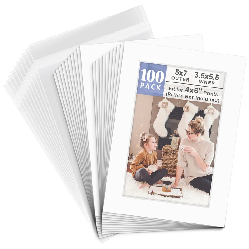 Pack of 100 5x7 WHITE Picture Mats Mattes with White Core Bevel Cut for 4x6 Photo + Back + Bags - Image 1