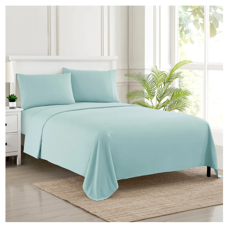 Sweet Home Collection Luxury Bedding Set with Flat, Fitted Sheet, 2 Pillow Cases, Microfiber, Light Blue, Queen