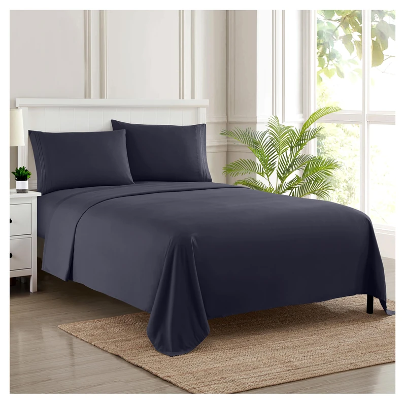 Sweet Home Collection Luxury Bedding Set with Flat, Fitted Sheet, 2 Pillow Cases, Microfiber, Navy, King - Image 1