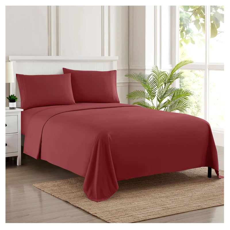 Sweet Home Collection Luxury Bedding Set with Flat, Fitted Sheet, 2 Pillow Cases, Microfiber, Burgundy, King