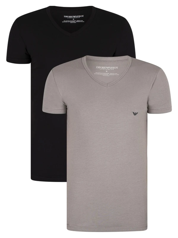 Emporio Armani Men's 2-pack V Neck T-shirt Essential Core Logoband T Shirt, Multicoloured (Black/Grigio), M UK