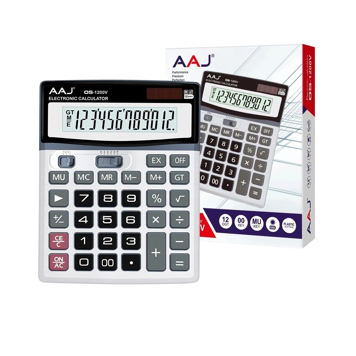 AAJ 12 Digit Desk Calculator Jumbo-Large Buttons-12 Digits-Large Eye Angled Display- Light and portable Calculator-For Home and Office use-Solar and Battery Powered (Battery Included)