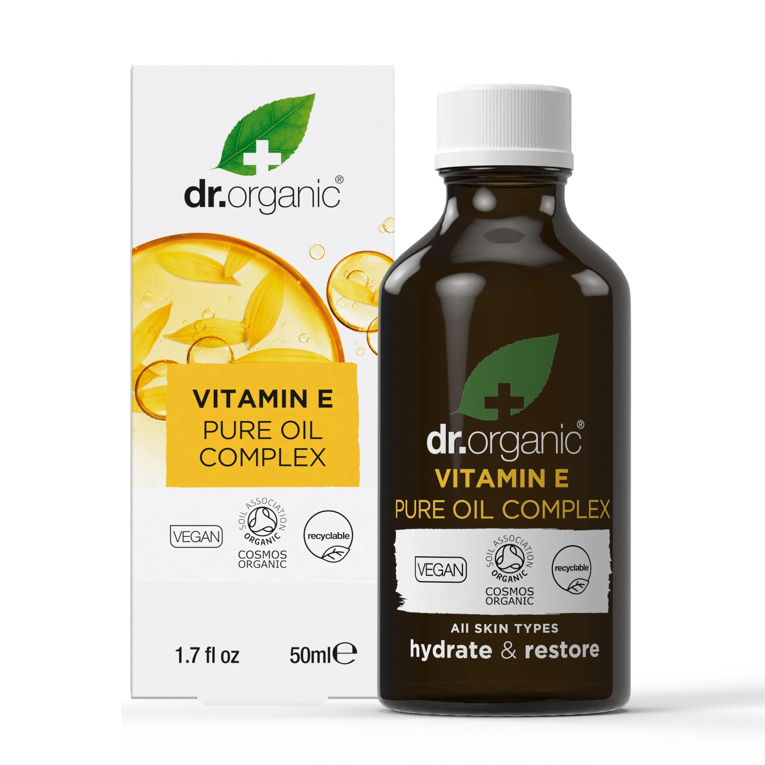 Dr Organic Vitamin E Pure Oil, Hydrating, Essential Oil, All Skin Types, Natural, Vegan, Cruelty-Free, Paraben & SLS-Free, Certified Organic, 50ml, Packaging may vary