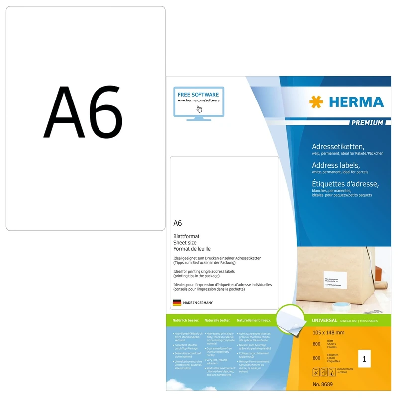 HERMA Self Adhesive Multipurpose Labels, 1 Label per A6 Sheet, 6400 Sheets, 105 x 148 mm, 6400 Labels, Blank Universal Labels Stickers, Sticky Labels for Laser & Inkjet Printer, White