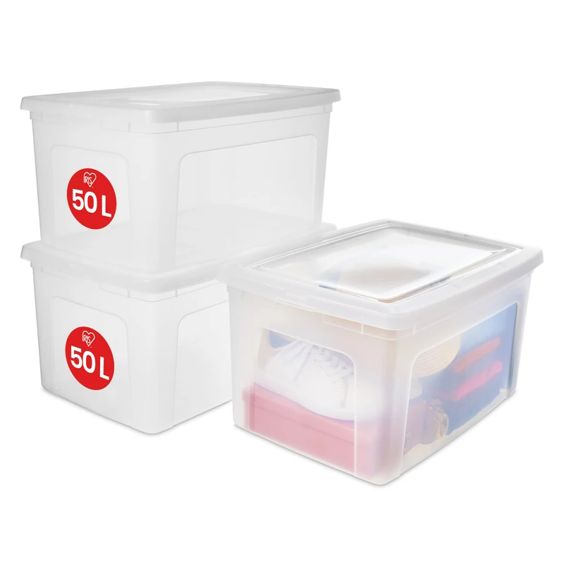 Iris Ohyama, Storage Boxes with Lids, Plastic Storage Box with Lid, Stackable, 50L/3Pack, BPA Free, Clear, W59.5 x D39.5 x H29cm, MCB-50