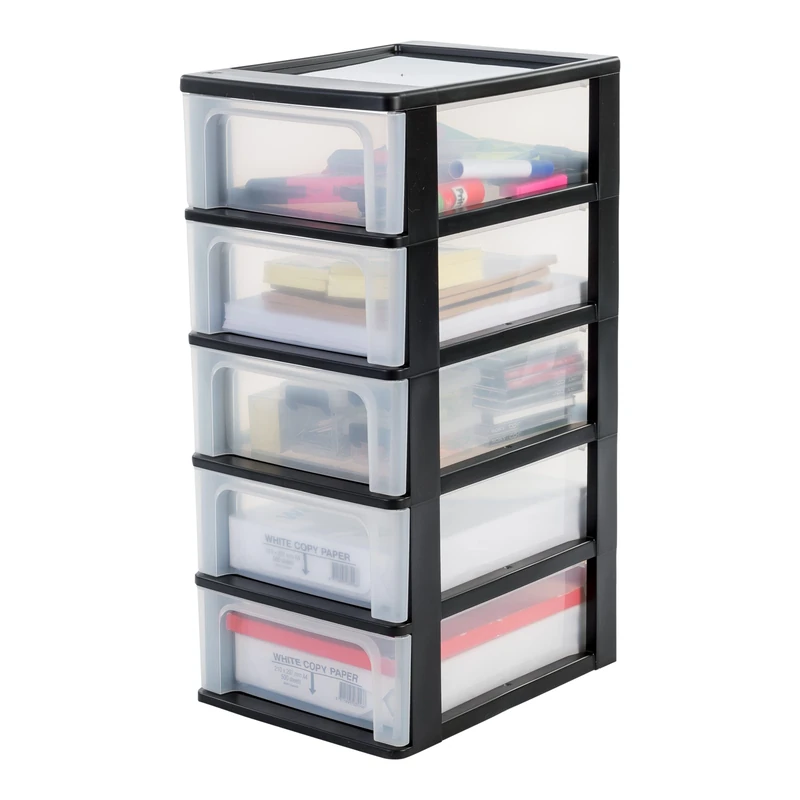Iris Ohyama Europe OCH-2005 Plastic A-4 Drawer Chest with 5-Drawer Organiser, Black