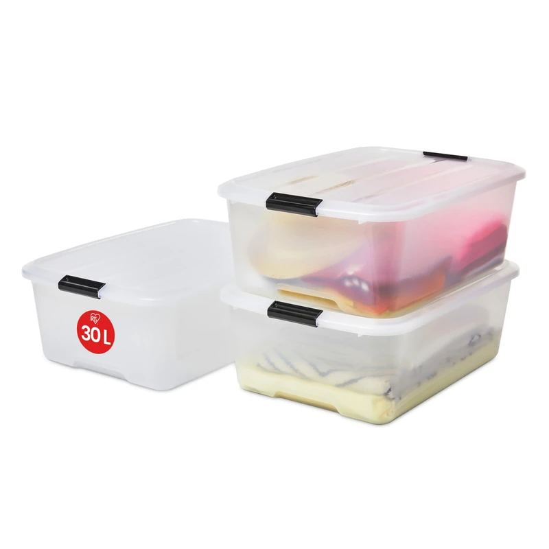 Iris Ohyama, Set of 3, Storage boxes, 30 L, with snap closure, stackable, living room, bedroom, garage - Top Box TB-30 - Transparent