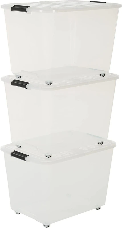 IRIS Set Of 3 Storage Boxes 60 L, Rolling Organiser with Handel and Storage Box, Stackable, Plastic Box, Transparent transparent