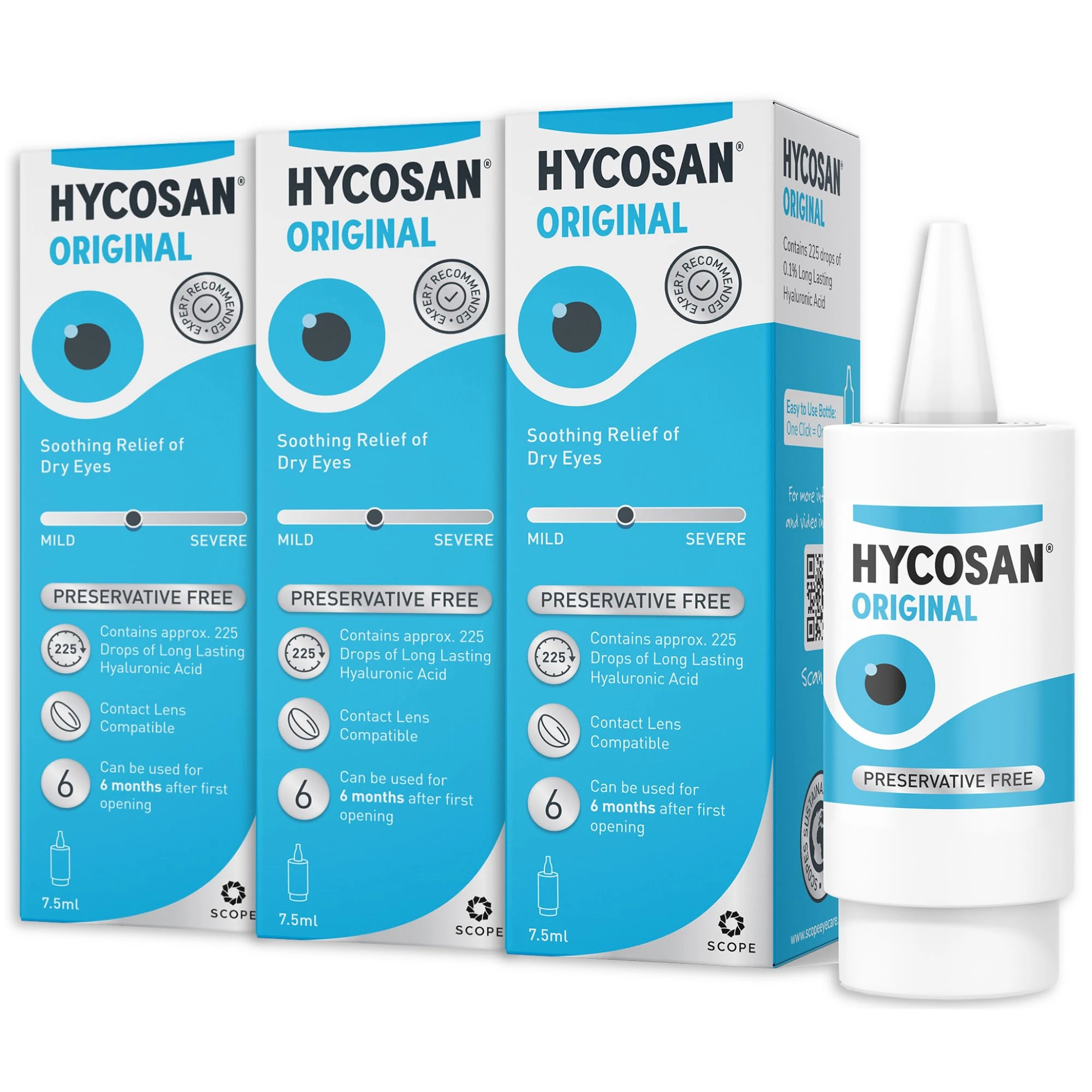 Hycosan Original - Triple Pack - Preservative Free Eyedrops - Sodium Hyaluronate 0.1% - Eye Drops for Mild to Moderate Dry Eye Symptoms and Contact Lens Irritation - 3x7.5ml