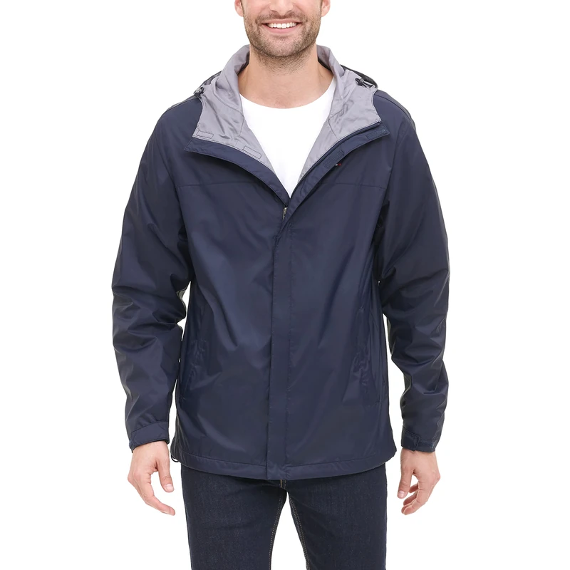 Tommy Hilfiger Men's Waterproof Breathable Hooded Jacket Raincoat, Navy, XXL