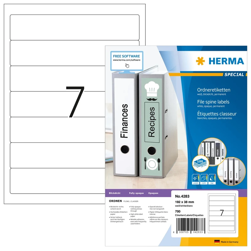 HERMA Self Adhesive Spine Labels, 7 Labels per A4 Sheet, 1400 Sheets, 192 x 38 mm, 9800 Labels, Blank Lever Arch File Folder Labels Stickers, Sticky Labels for Laser & Inkjet Printer, White