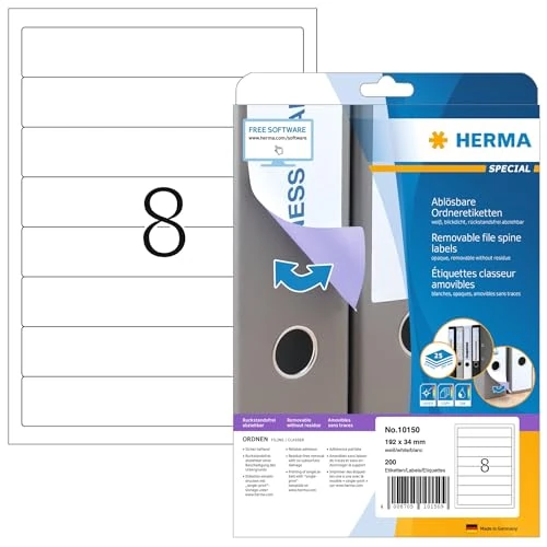 HERMA Self Adhesive Removable Spine Labels, 8 Labels per A4 Sheet, 800 Sheets, 192 x 34 mm, 6400 Labels, Blank Lever Arch File Folder Stickers, Sticky Labels for Laser & Inkjet Printer, White