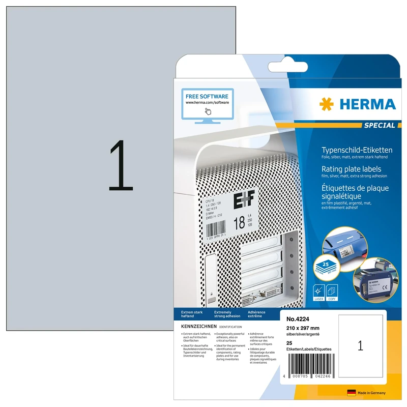 HERMA Self Adhesive Name Plate Film Labels, 1 Label per A4 Sheet, 800 Sheets, 210 x 297 mm, 800 Labels, Weatherproof Labels Stickers, Sticky Labels for Laser & Inkjet Printer, Metallic Silver
