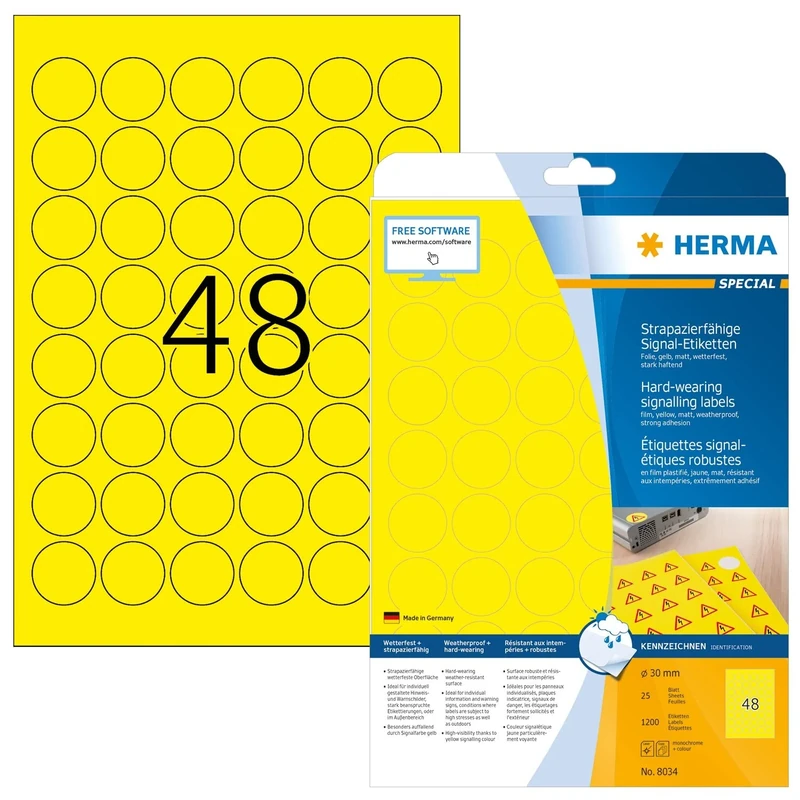 HERMA Self Adhesive Film Labels, 48 Labels per A4 Sheet, 800 Sheets, Ø 30 mm, 38400 Labels, Blank Weatherproof Round Labels Stickers, Sticky Dots for Laser & Inkjet Printer, Yellow