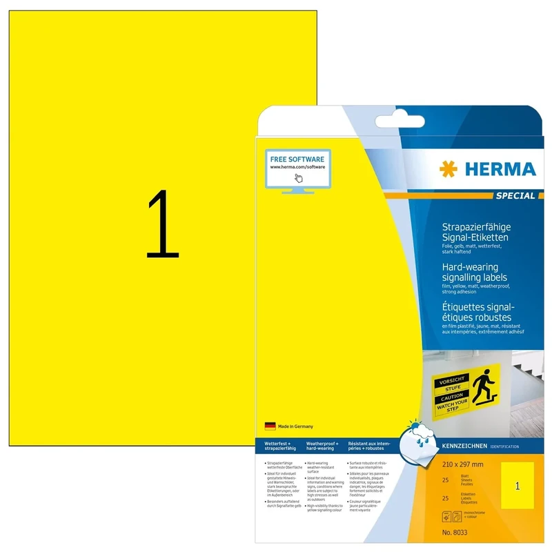 HERMA Self Adhesive Film Labels, 1 Label per A4 Sheet, 800 Sheets, 210 x 297 mm, 800 Labels, Blank Weatherproof Labels Stickers, Sticky Labels for Laser & Inkjet Printer, Yellow