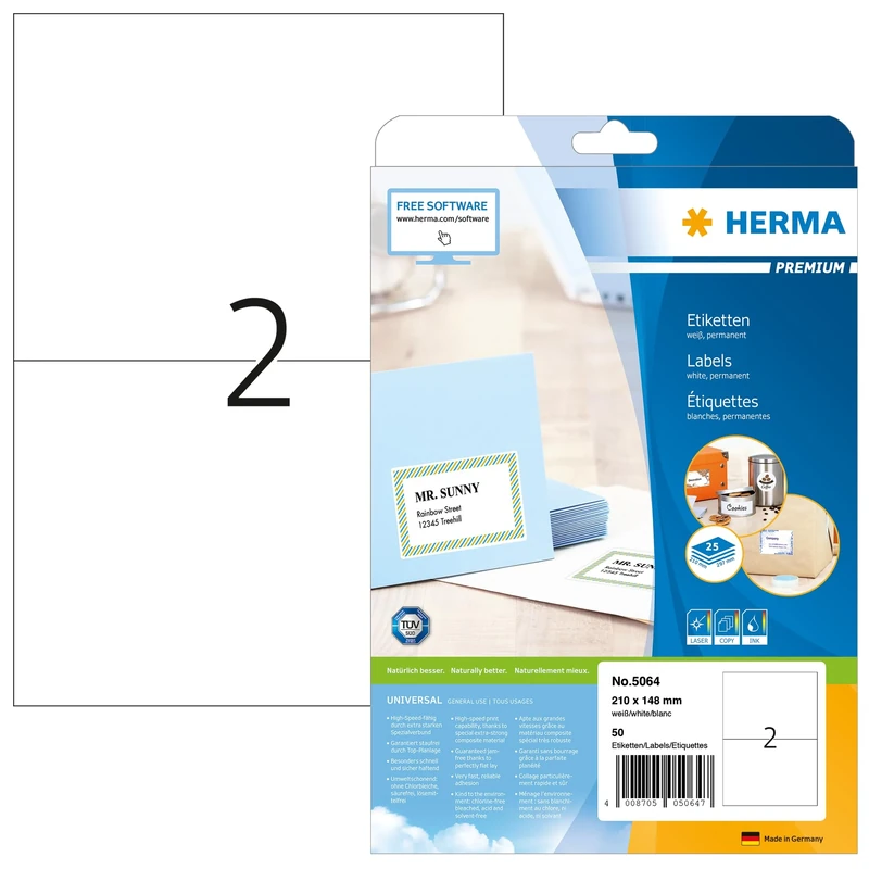 HERMA Self Adhesive Shipping Labels, 2 Labels per A4 Sheet, 800 Sheets, 210 x 148 mm, 1600 Labels, Blank Parcel Labels Stickers, Sticky Labels for Laser & Inkjet Printer, White