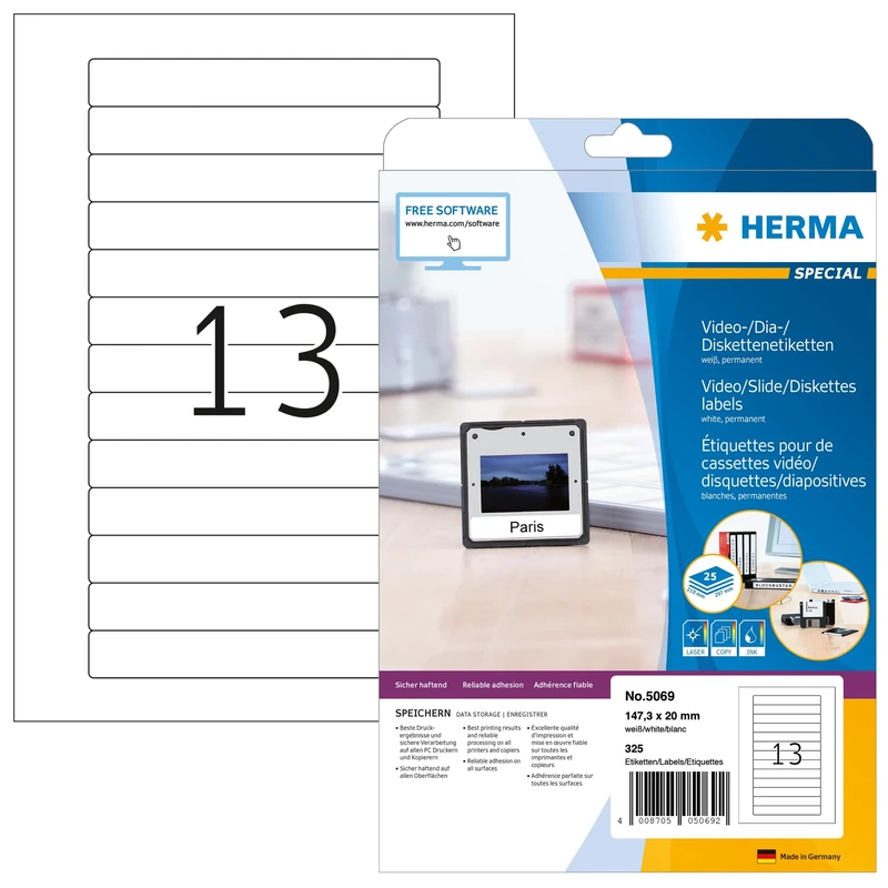 HERMA Self Adhesive Video Cassette Labels, 13 Labels per A4 Sheet, 800 Sheets, 147.3 x 20 mm, 10400 Labels, Blank VHS Video Spine Labels Stickers, Sticky Labels for Laser & Inkjet Printer, White
