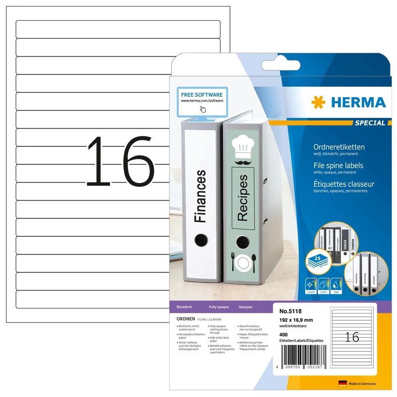 HERMA Self Adhesive Spine Labels, 16 Labels per A4 Sheet, 800 Sheets, 192 x 16.9 mm, 12800 Labels, Blank Lever Arch File Folder Labels Stickers, Sticky Labels for Laser & Inkjet Printer, White