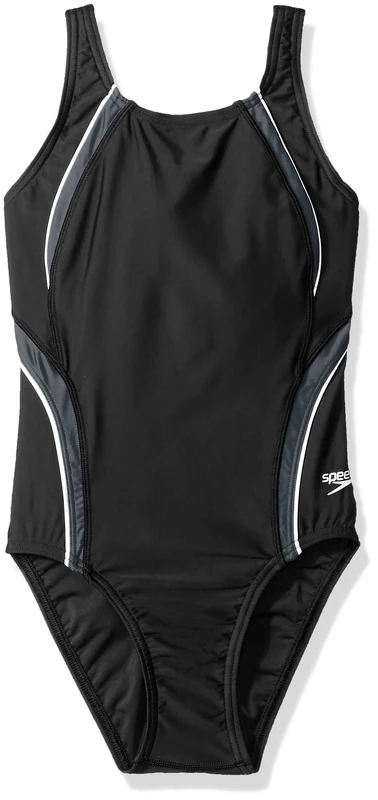Speedo Powerflex Eco Taper Splice Pulse Back Onepiece Swimsuit, Black/Grey, 24