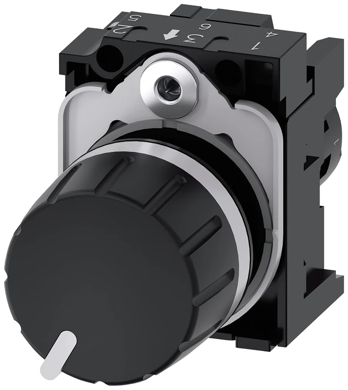 Siemens 3SU1200-2PR10-1AA0 Potentiometer, Compact, 22mm, Round, Plastic, Black, 4.7K Ohms, with Holder, Screw Terminals, White