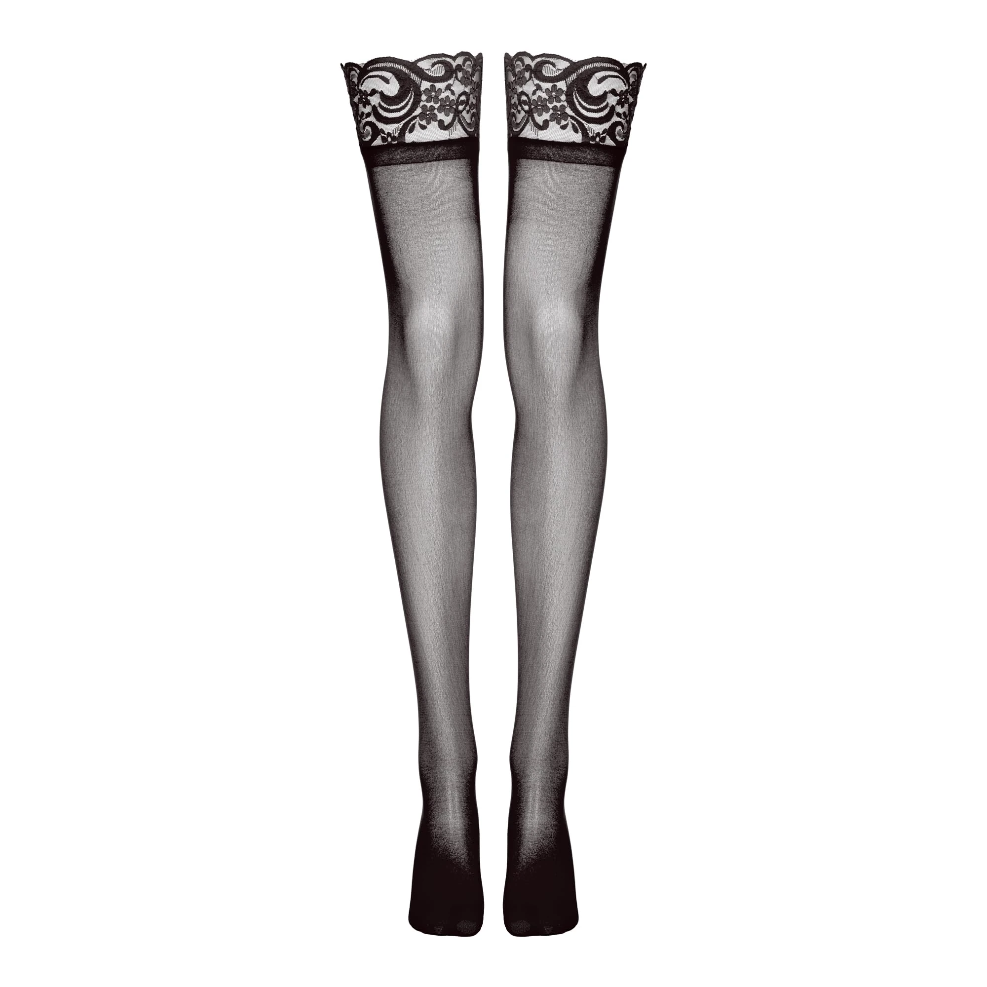Lovehoney Lingerie Women's Black Sheer Plus Size Hold Up Stockings - Soft Nylon with Floral Lace Tops and Silicone Strips - One Size: 8-16