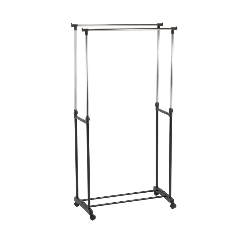 MSV Stainless Steel Rolling Clothes Rack with 2 Rods, Silver/Black