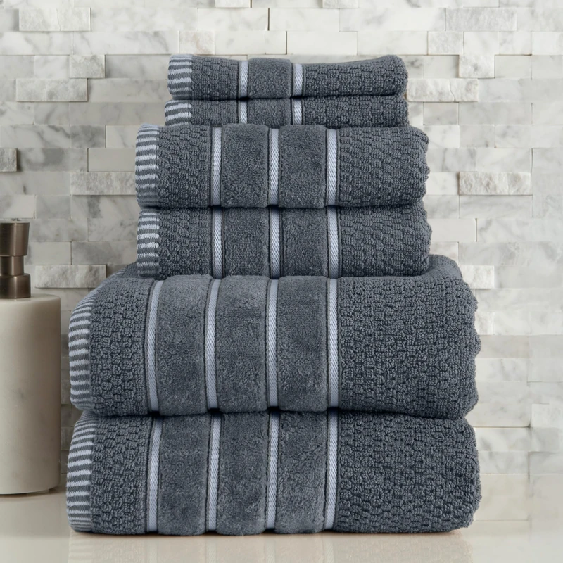 Lavish Home Luxury Cotton Towel Set - Rice Weave 100% Egyptian Cotton 6 Piece Set with 2 Bath Towels, 2 Hand Towels and 2 Washcloths - Silver Gray