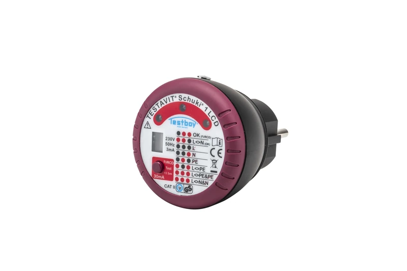 Testavit Schuki 1 LCD socket tester with FI test and finger contact for checking the protective conductor connection (LED display, safe checking), red/black