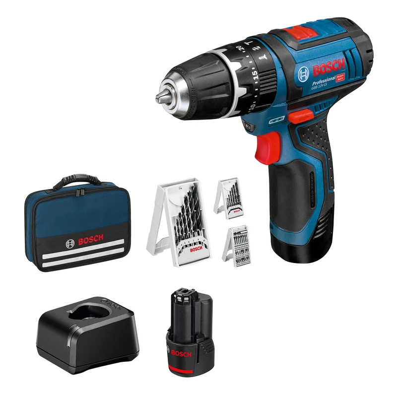 Bosch Professional 12V System GSB 12V-15 cordless combi drill (max. drilling diameter in wood: 19 mm, including 2x2.0 Ah battery + charger, 2x drill set, 1x bit set, in bag) - Amazon Exclusive Set