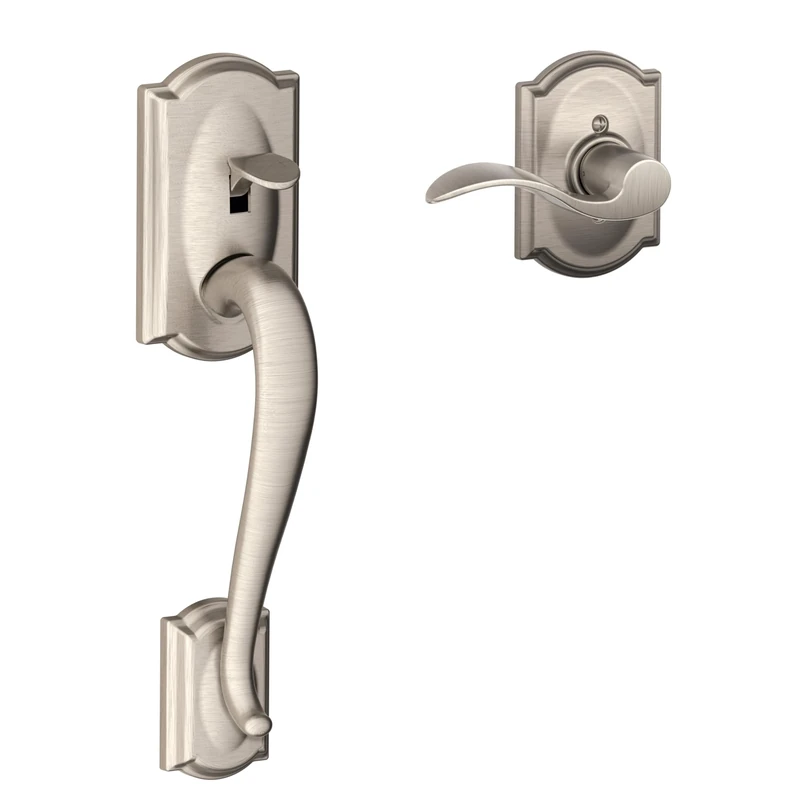 Schlage FE285 Camelot by Accent Camelot by Right Hand Bottom Half Handleset with 16080 Latch and 10063 Strike Satin Nickel Finish