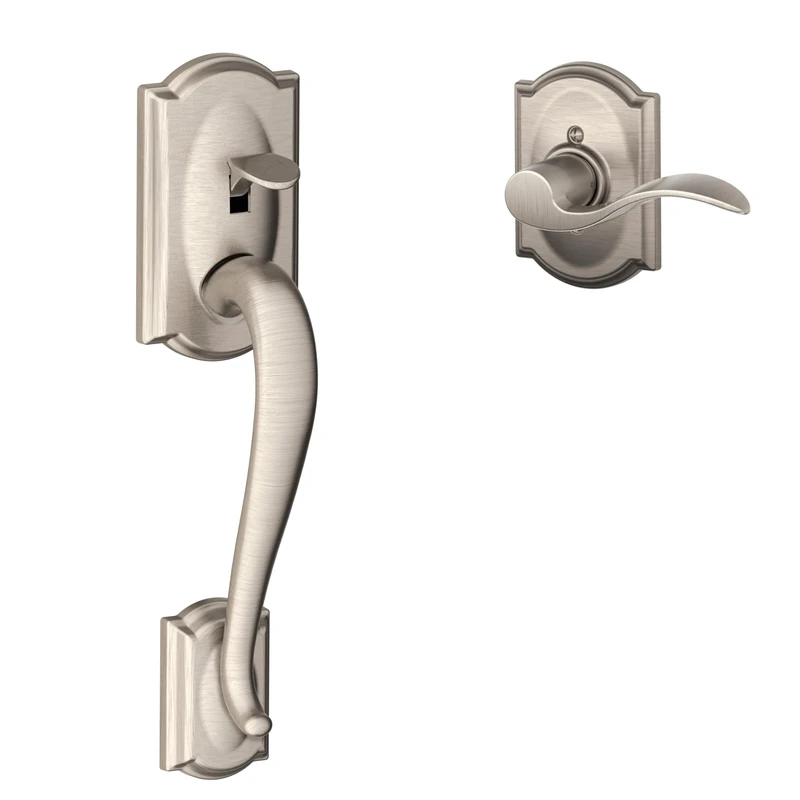 Schlage FE285 Camelot by Accent Camelot by Left Hand Bottom Half Handleset with 16080 Latch and 10063 Strike Satin Nickel Finish