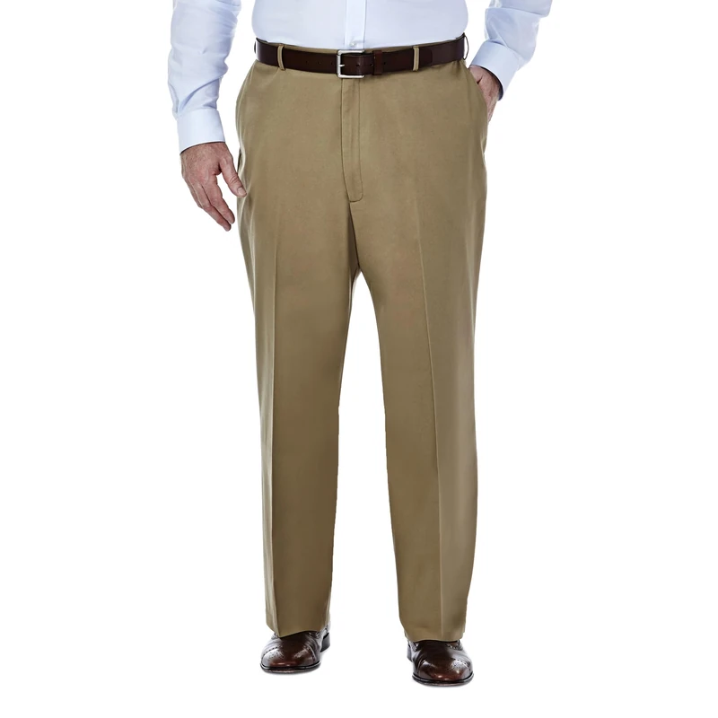 Haggar Men's Premium No Iron Khaki Classic Fit Expandable Waist Flat Front Pant Reg. and Big & Tall Sizes, British Khaki, 42W x 29L