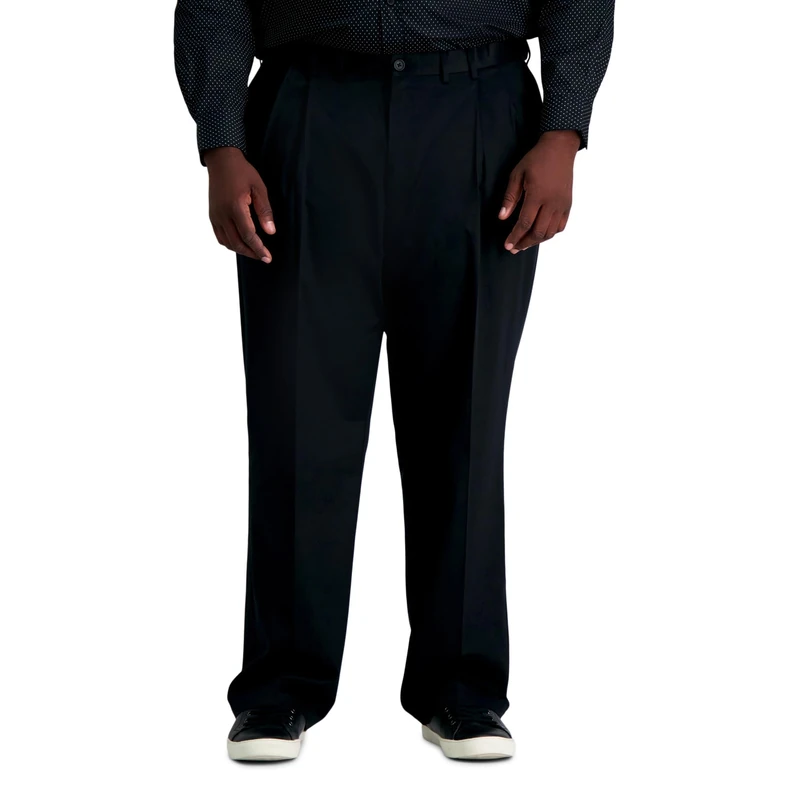 Haggar Men's Premium No Iron Khaki Classic Pleat Front Standard and Big & Tall Sizes, Black Bt, 48W x 30L
