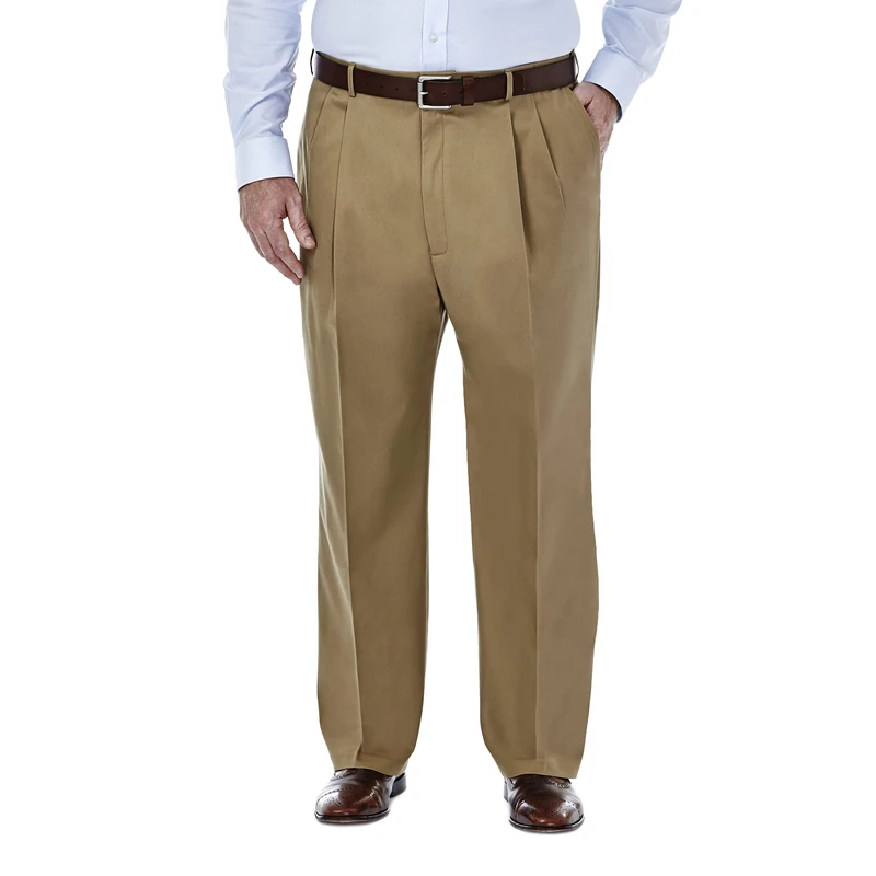 Haggar Mens Premium No Iron Khaki Classic Fit Pleat Front Regular and Big & Tall Sizes, British Khaki - Bt, 56W x 30L
