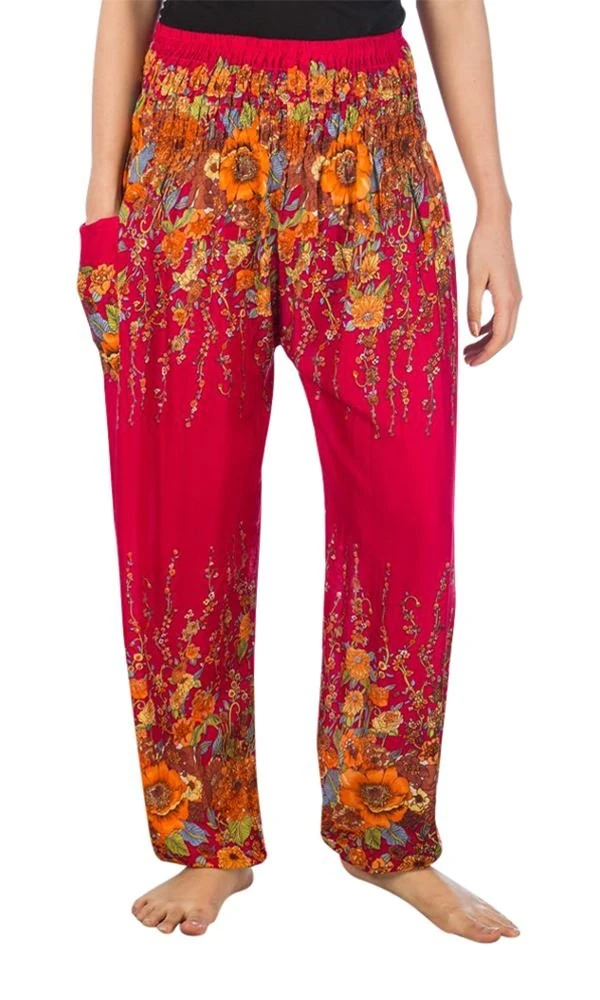 Lofbaz Harem Pants for Women Yoga Boho Hippie Clothing Womens Palazzo Bohemian Pajama Trousers Beach Indian Gypsy Genie Clothes - Floral 2 Burgundy M