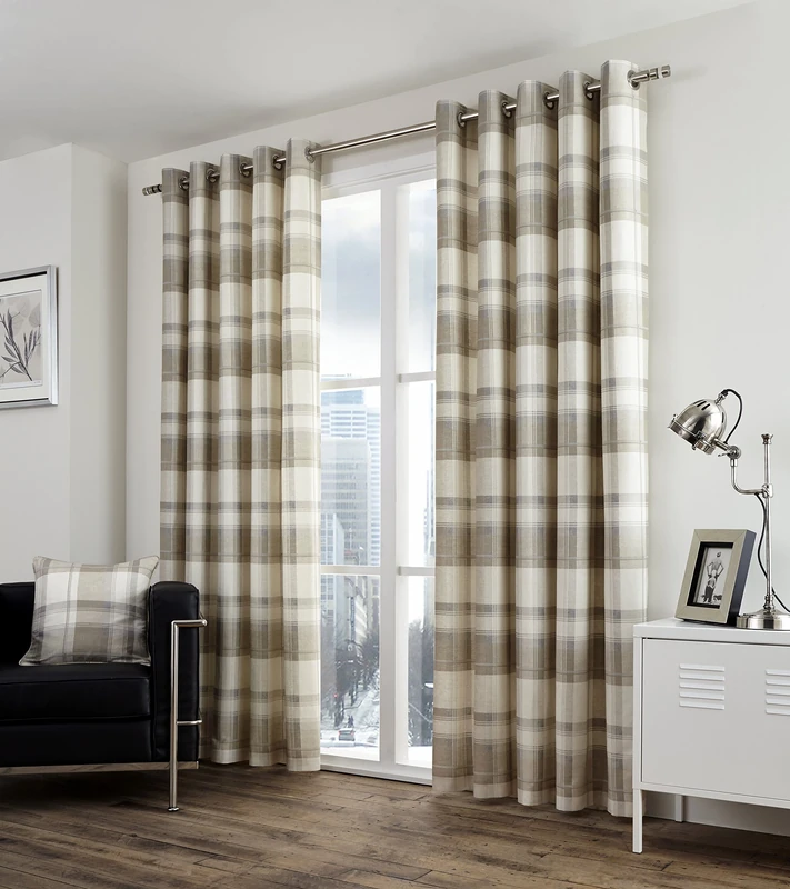 Fusion - Balmoral Check - 100% Cotton Pair of Eyelet Curtains - 90" Width x 90" Drop (228 x 228cm) in Natural, Nautral