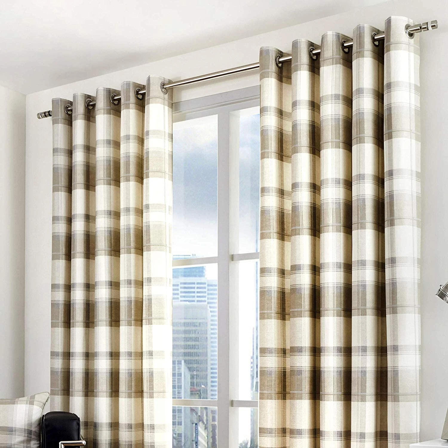 Fusion - Balmoral Check - 100 Percent Cotton Pair of Eyelet Curtains - Natural, Curtains: 66" Width x 72" Drop (168 x 183 cm), Nautral