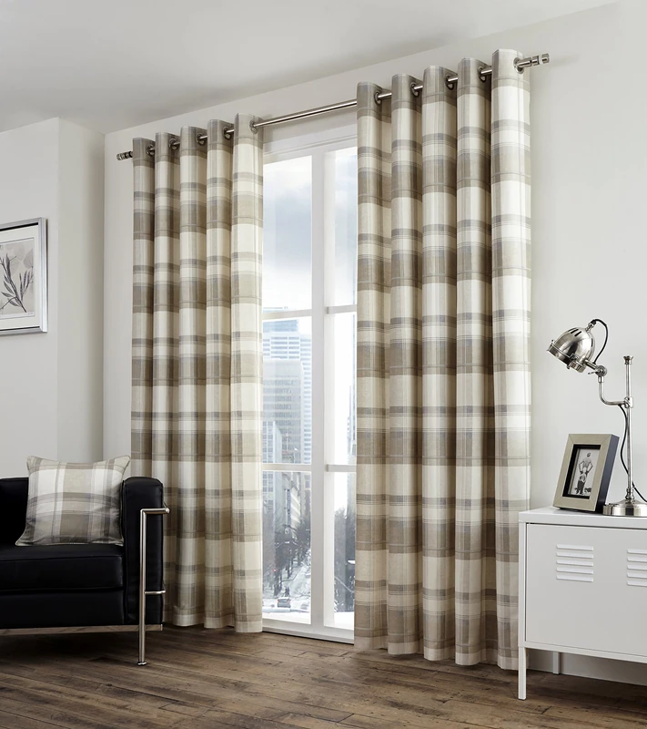 Fusion - Balmoral Check - 100% Cotton Pair of Eyelet Curtains - 90" Width x 72" Drop (229 x 183cm) in Natural