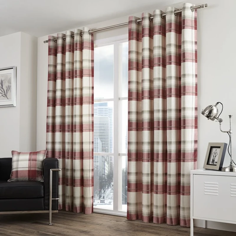 Fusion - Balmoral Check - 100% Cotton Pair of Eyelet Curtains - 90" Width x 90" Drop (229 x 229cm) in Ruby