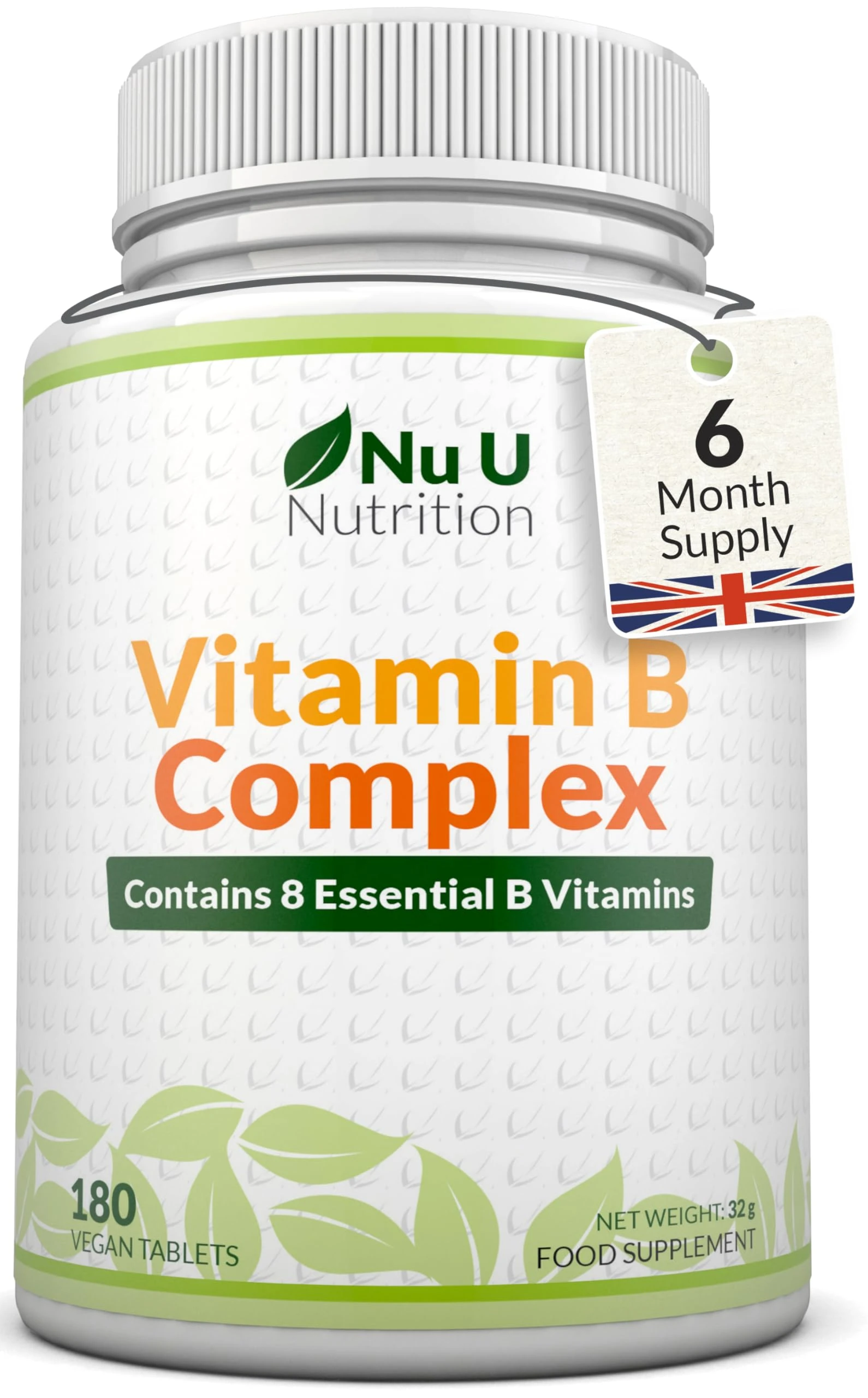 Vitamin B Complex High Strength - 180 Vegan Tablets - 6 Month Supply - Contains All 8 B Vitamins in 1 Tablet - Vitamins B1, B2, B3, B5, B6, B12, Biotin & Folic Acid - Nu U Nutrition