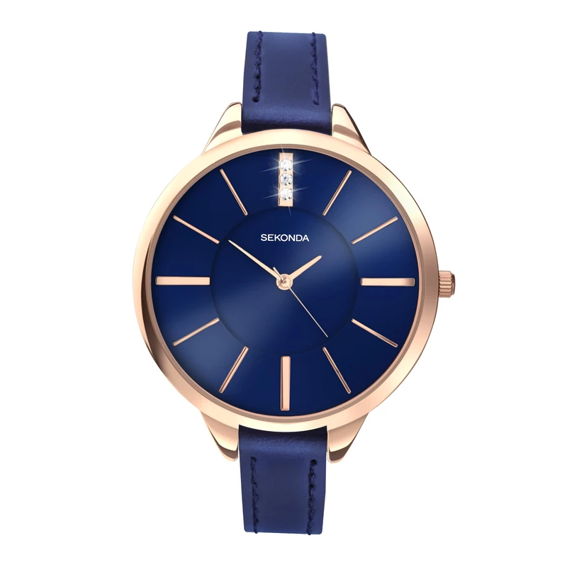 Sekonda Ada Womens Watch – Quartz 39mm Ladies Watch with Stone Set Sunray Dial, Rose Gold-Tone Case and Blue Leather Strap – 2 Year Warranty