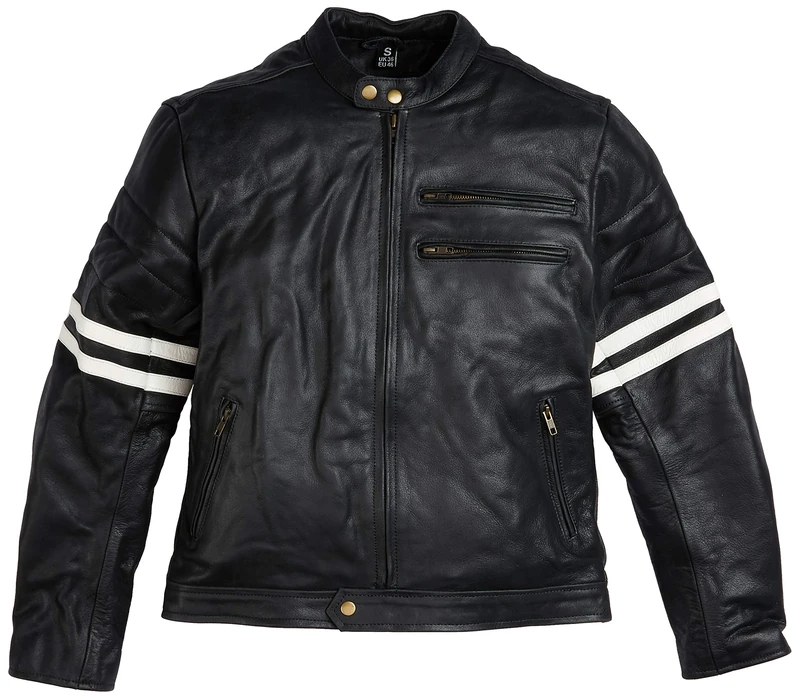 Bikers Gear The Rocker Motorcycle Black Leather Cafe Racer Jacket CE1621-1 PU Armour, White, UK 36 EU 46 Small